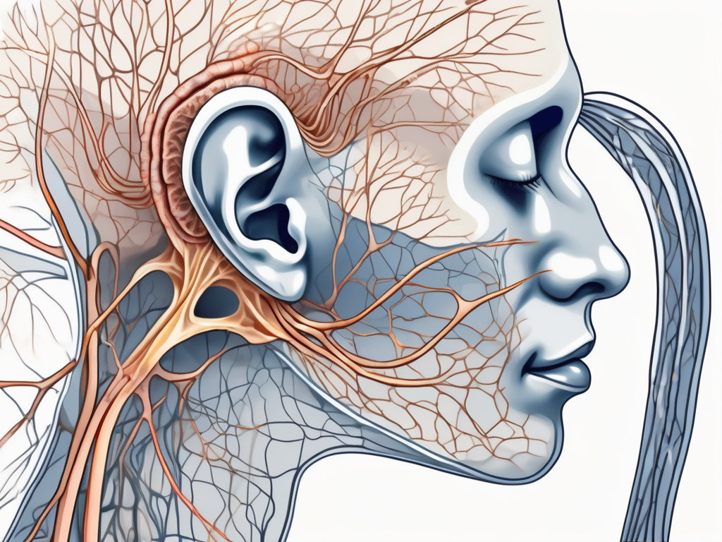 The human ear with a detailed view of the cochlear nerve filled with numerous neurons